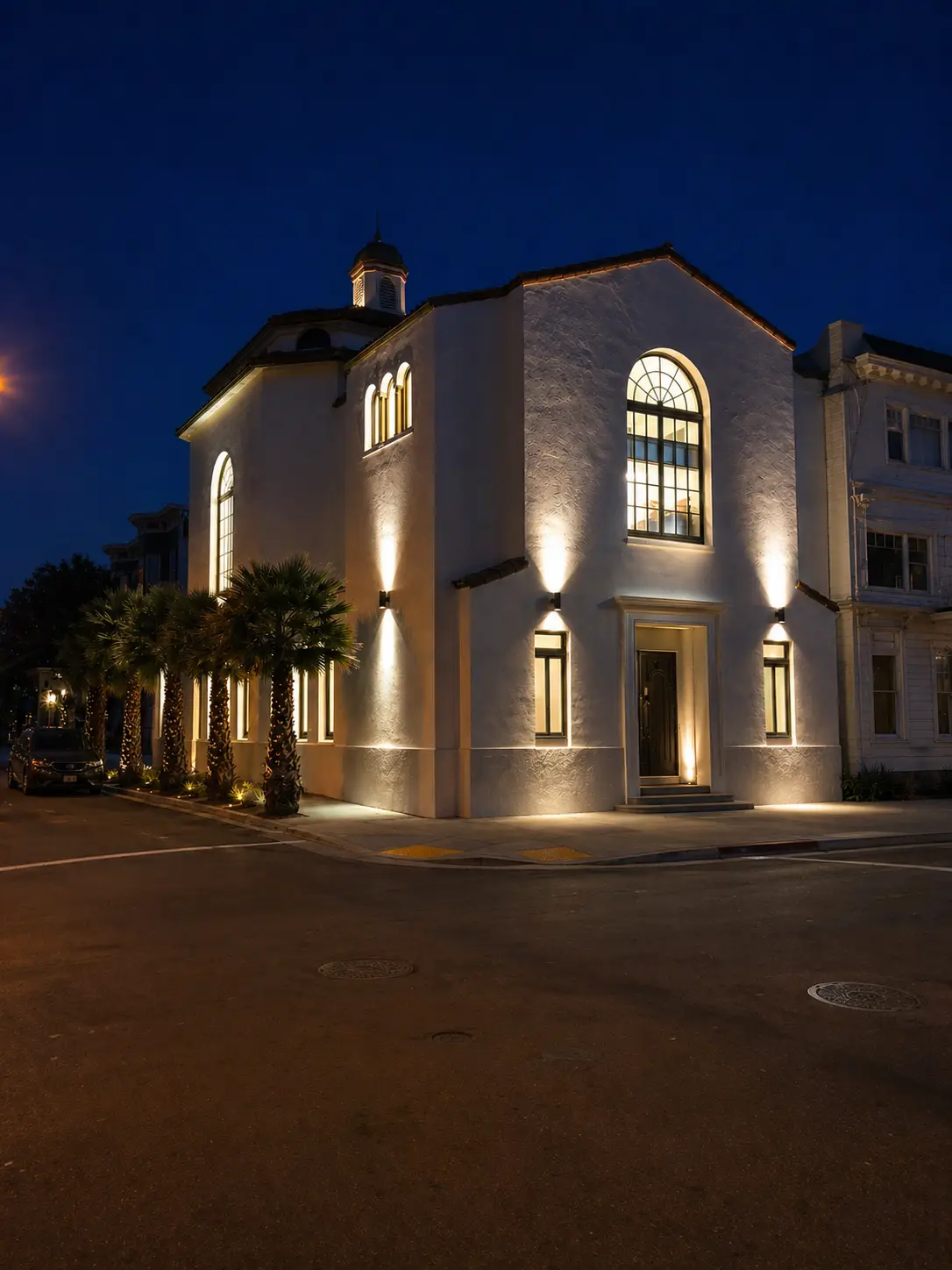 San Francisco Historic Church exterior at night